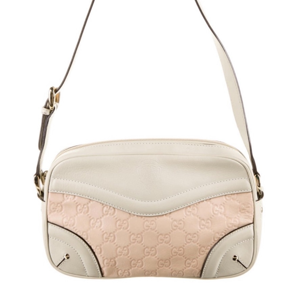 Gucci Monogram Crest Leather Shoulder Bag Cream